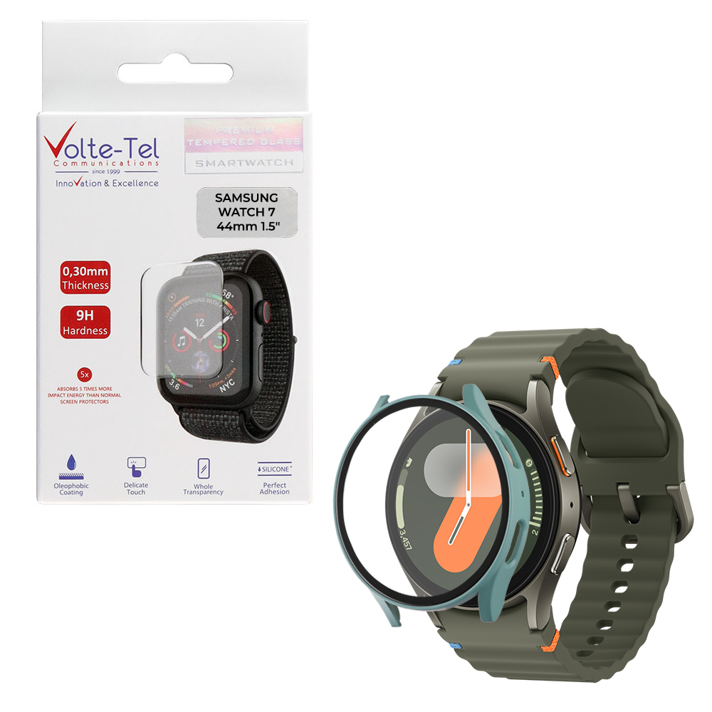 VOLTE-TEL TEMPERED GLASS SAMSUNG WATCH 7 44mm 1.5" 9H 0.30mm PC EDGE COVER WITH KEY 3D FULL GLUE FULL COVER GREEN