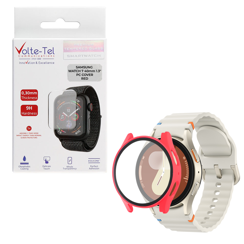 VOLTE-TEL TEMPERED GLASS SAMSUNG WATCH 7 40mm 1.3" 9H 0.30mm PC EDGE COVER WITH KEY 3D FULL GLUE FULL COVER RED