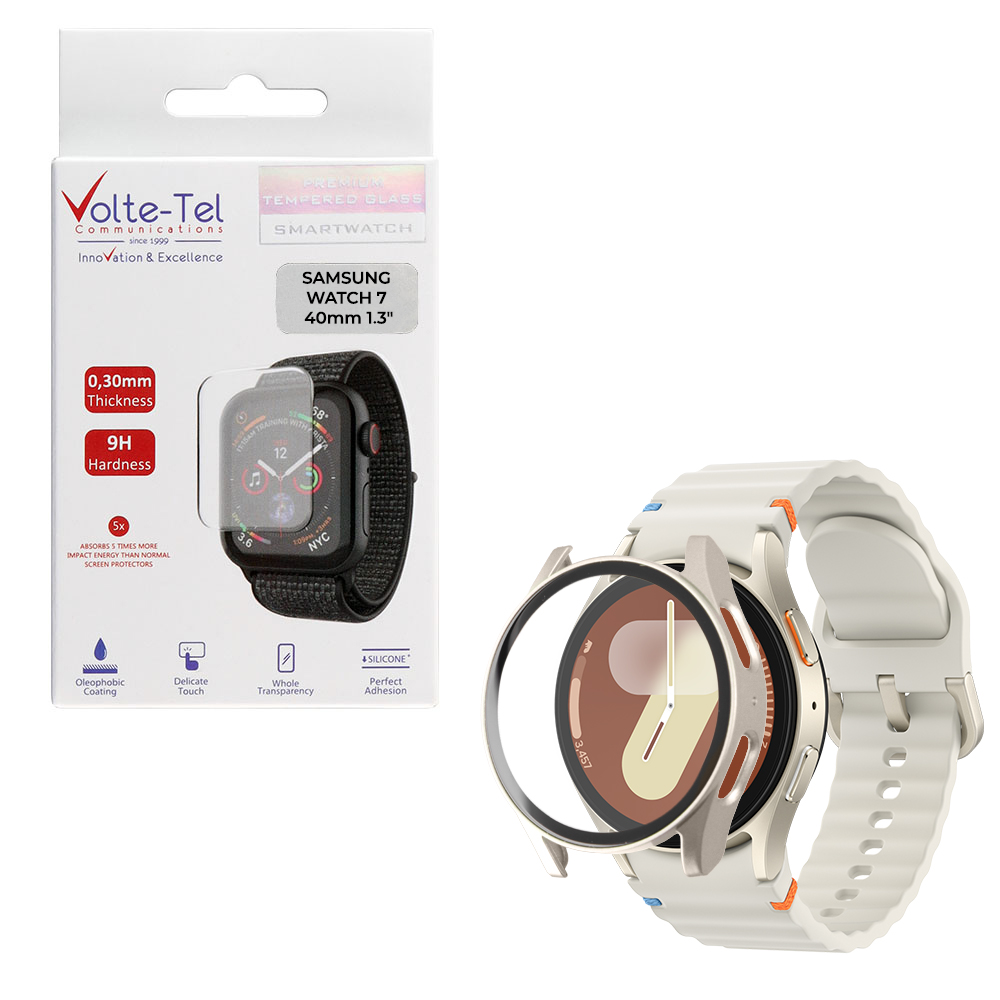 VOLTE-TEL TEMPERED GLASS SAMSUNG WATCH 7 40mm 1.3" 9H 0.30mm PC EDGE COVER WITH KEY 3D FULL GLUE FULL COVER CREAM