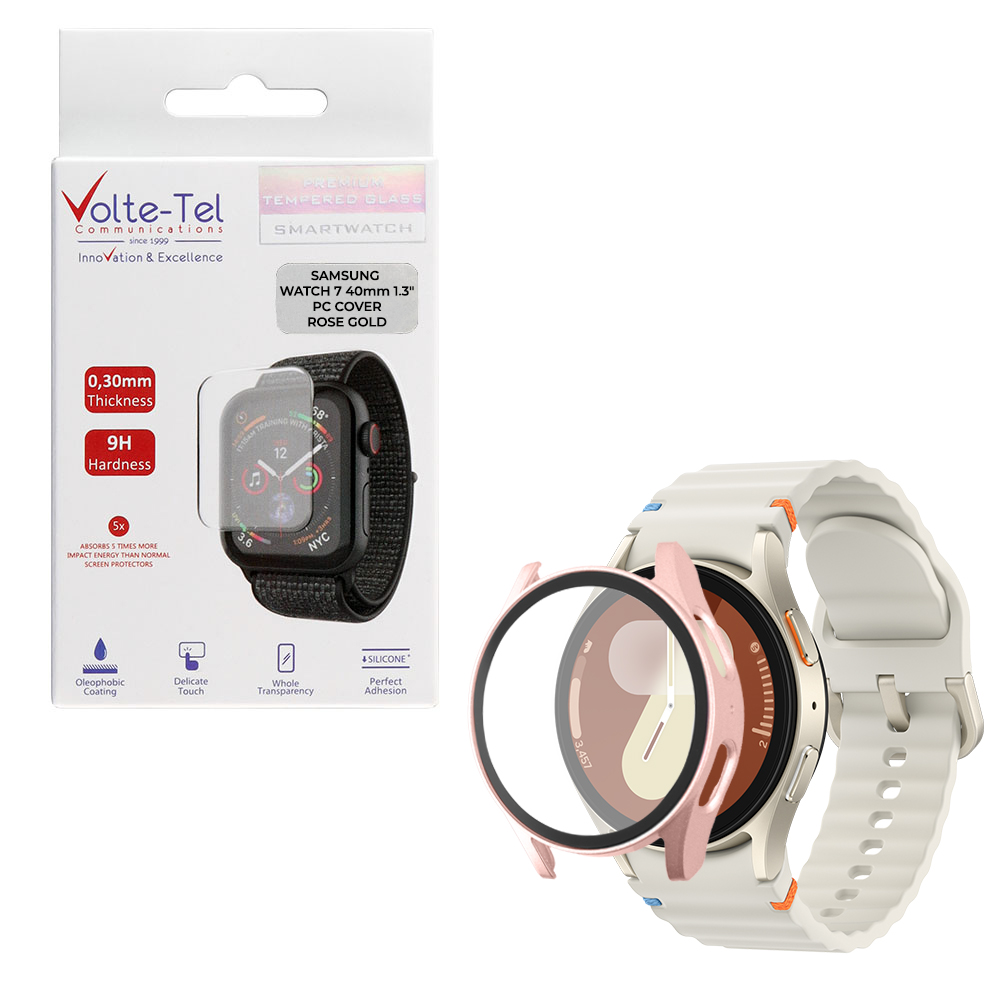 VOLTE-TEL TEMPERED GLASS SAMSUNG WATCH 7 40mm 1.3" 9H 0.30mm PC EDGE COVER WITH KEY 3D FULL GLUE FULL COVER ROSE GOLD