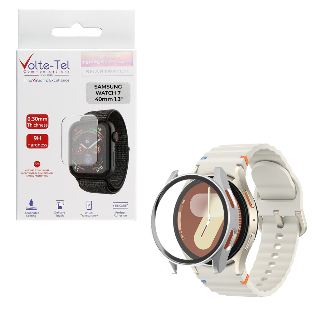 VOLTE-TEL TEMPERED GLASS SAMSUNG WATCH 7 40mm 1.3" 9H 0.30mm PC EDGE COVER WITH KEY 3D FULL GLUE FULL COVER SILVER