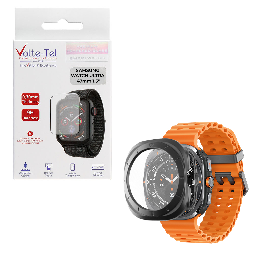 VOLTE-TEL TEMPERED GLASS SAMSUNG WATCH ULTRA 47mm 1.5" 9H 0.30mm PC EDGE COVER WITH KEY 3D FULL GLUE FULL COVER BLACK