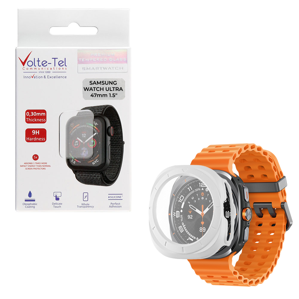 VOLTE-TEL TEMPERED GLASS SAMSUNG WATCH ULTRA 47mm 1.5" 9H 0.30mm PC EDGE COVER WITH KEY 3D FULL GLUE FULL COVER WHITE