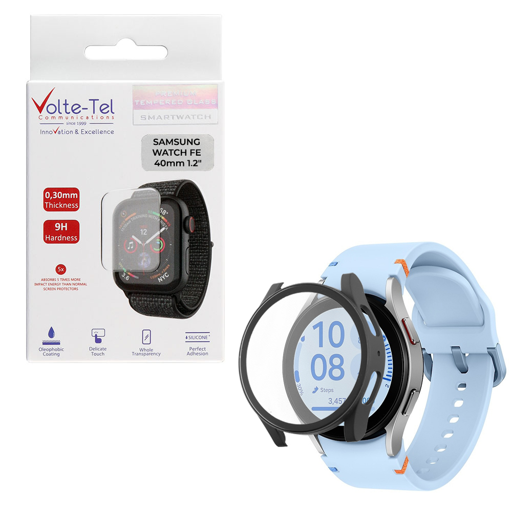 VOLTE-TEL TEMPERED GLASS SAMSUNG WATCH FE 40mm 1.2" 9H 0.30mm PC EDGE COVER WITH KEY 3D FULL GLUE FULL COVER BLACK