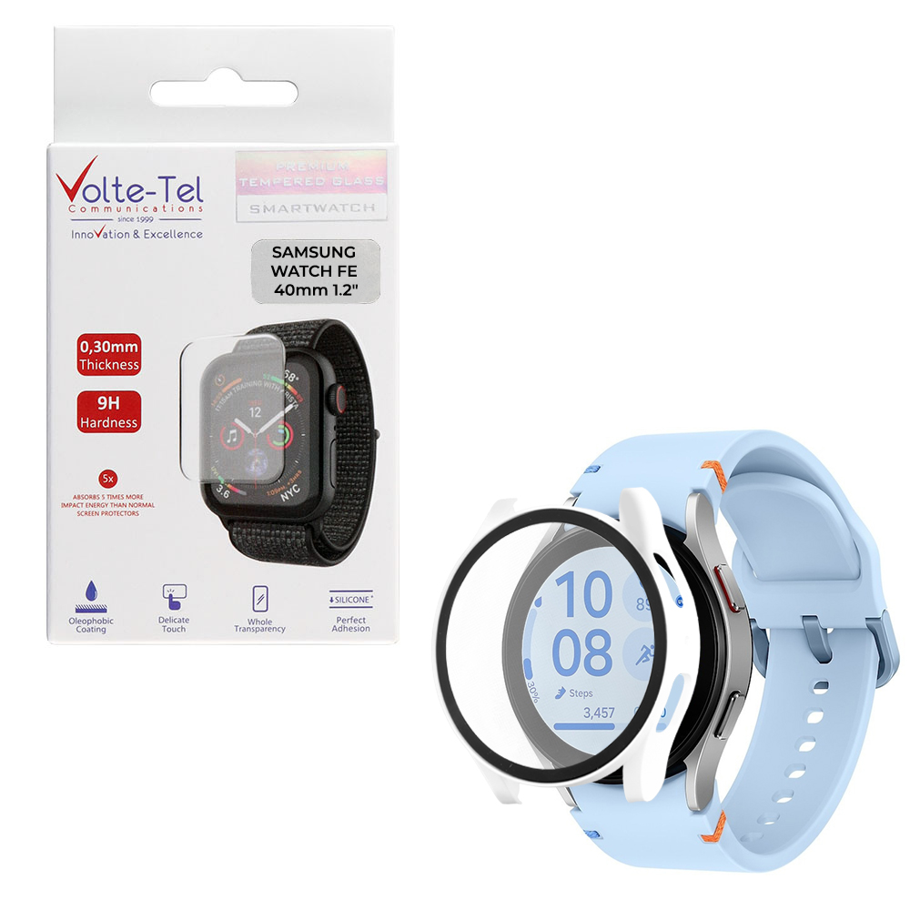 VOLTE-TEL TEMPERED GLASS SAMSUNG WATCH FE 40mm 1.2" 9H 0.30mm PC EDGE COVER WITH KEY 3D FULL GLUE FULL COVER WHITE