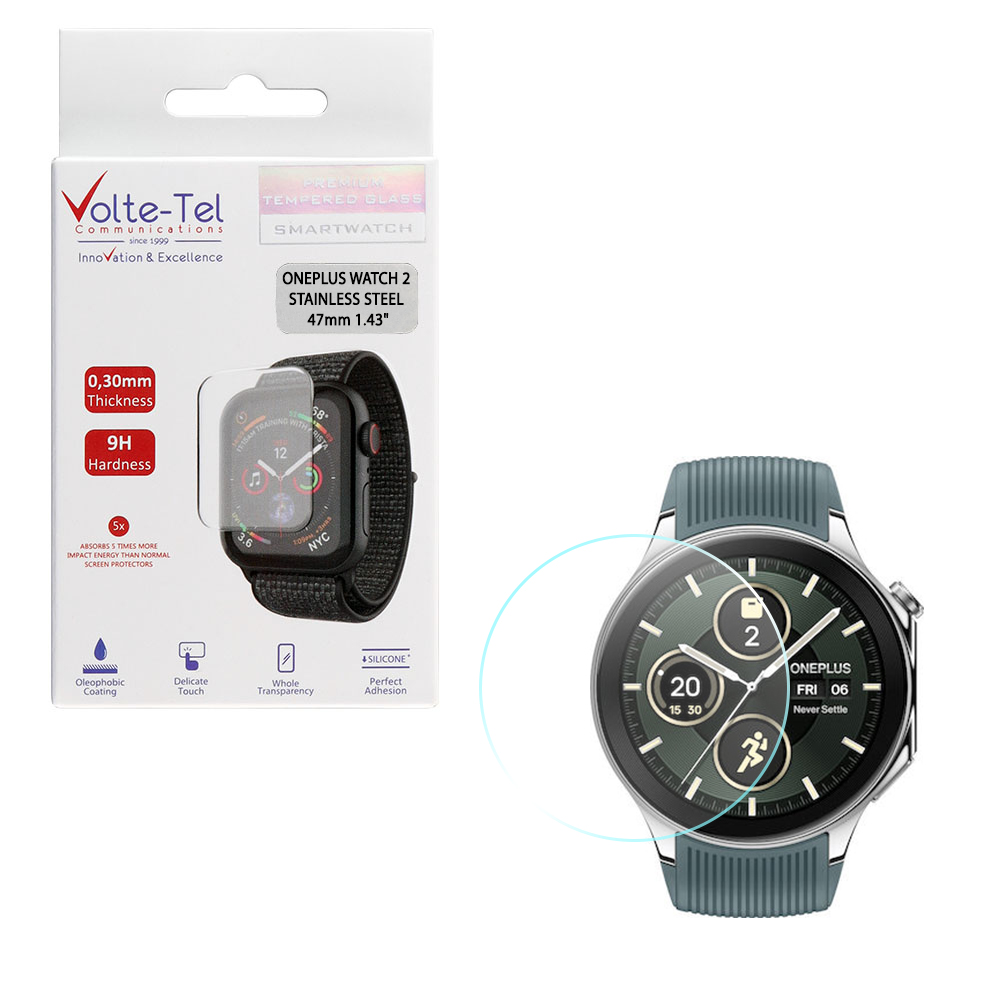 VOLTE-TEL TEMPERED GLASS ONEPLUS WATCH 2 STAINLESS STEEL 47mm 1.43" 9H 0.30mm 2.5D FULL GLUE FULL COVER