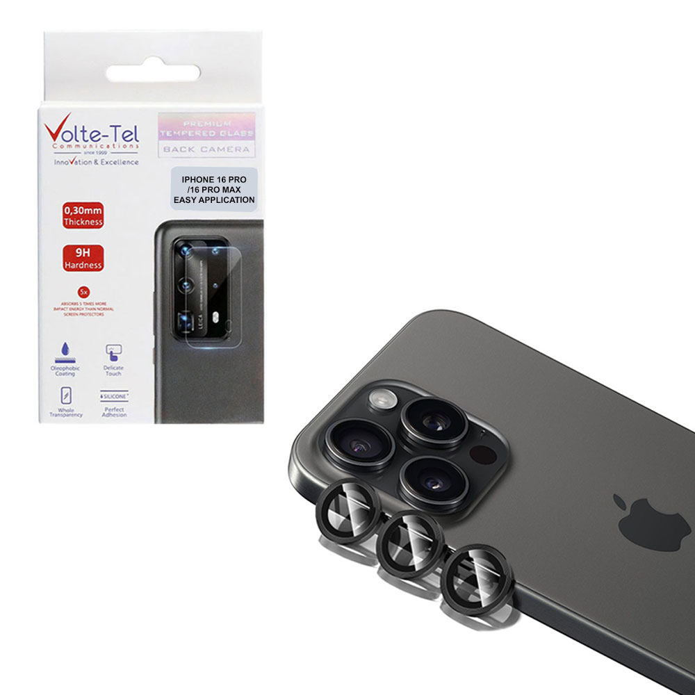 VOLTE-TEL CAMERA GLASS COVER IPHONE 16 PRO / 16 PRO MAX 9H 0.30MM EASY APPLICATION BLACK