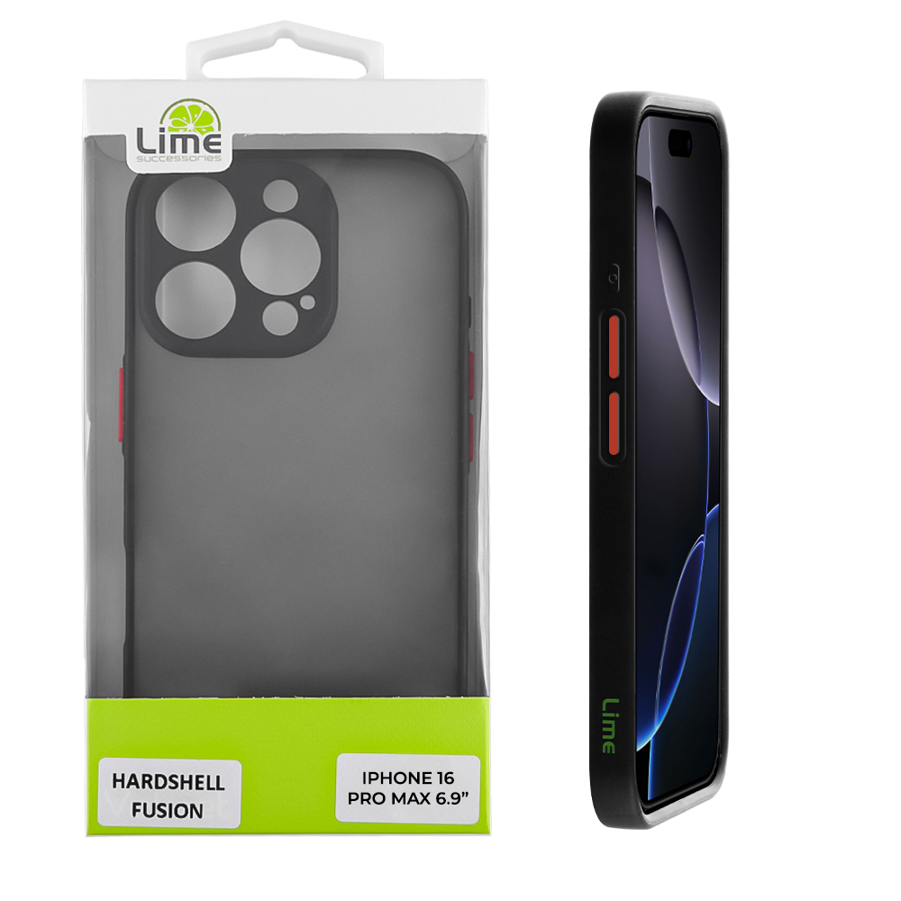 LIME ΘΗΚΗ IPHONE 16 PRO MAX 6.9" HARDSHELL FUSION FULL CAMERA PROTECTION BLACK WITH RED KEYS