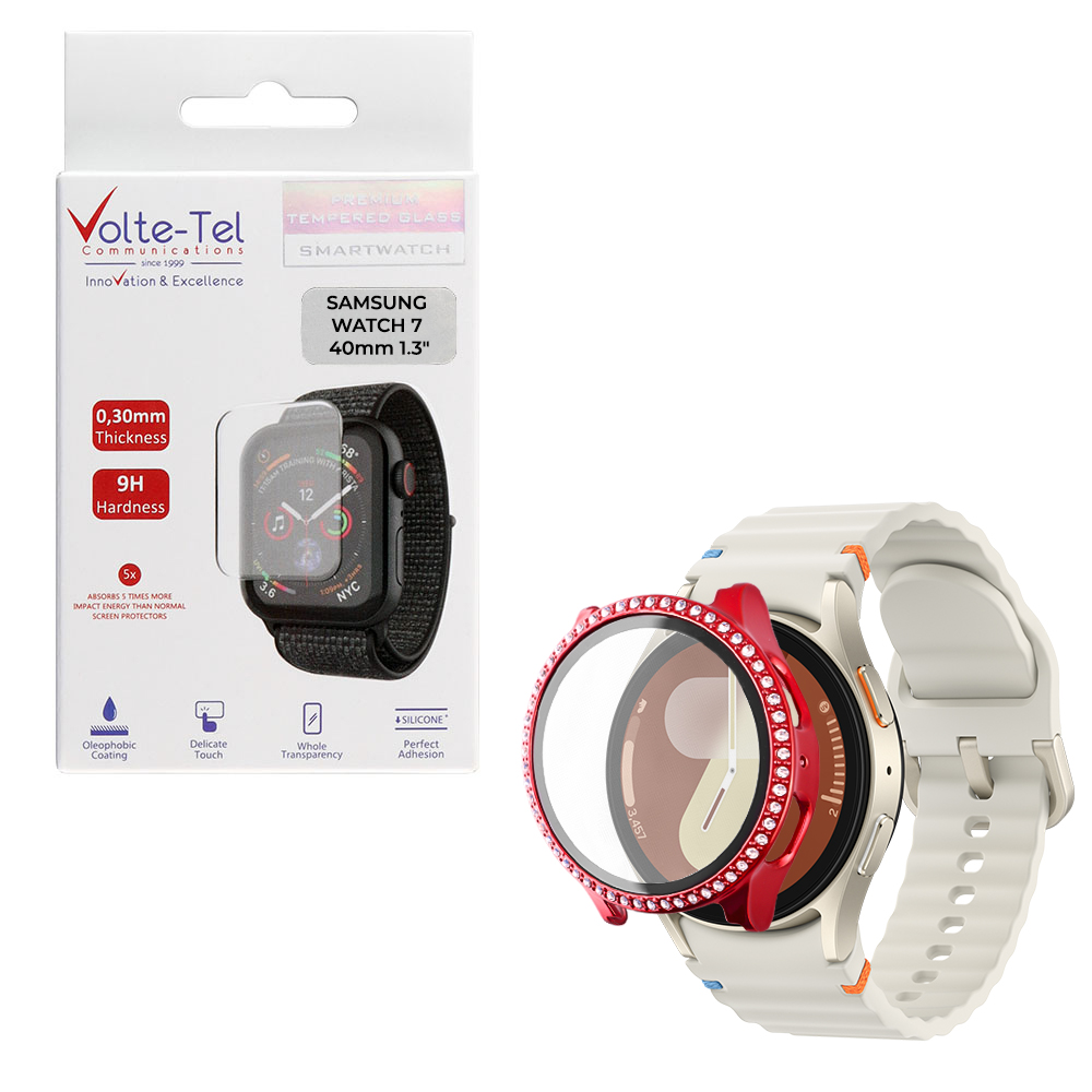 VOLTE-TEL TEMPERED GLASS SAMSUNG WATCH 7 40mm 1.3" 9H 0.30mm PC EDGE COVER WITH STRASS 3D FULL GLUE FULL COVER RED