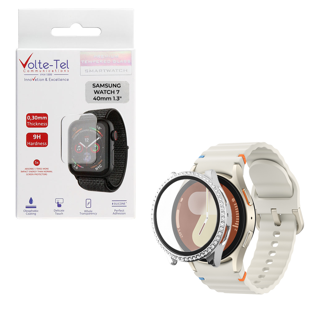 VOLTE-TEL TEMPERED GLASS SAMSUNG WATCH 7 40mm 1.3" 9H 0.30mm PC EDGE COVER WITH STRASS 3D FULL GLUE FULL COVER SILVER