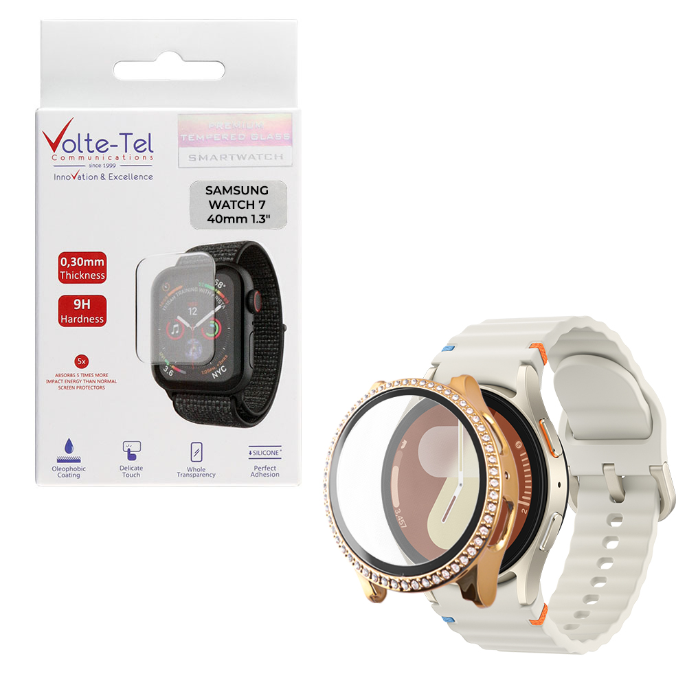 VOLTE-TEL TEMPERED GLASS SAMSUNG WATCH 7 40mm 1.3" 9H 0.30mm PC EDGE COVER WITH STRASS 3D FULL GLUE FULL COVER GOLD