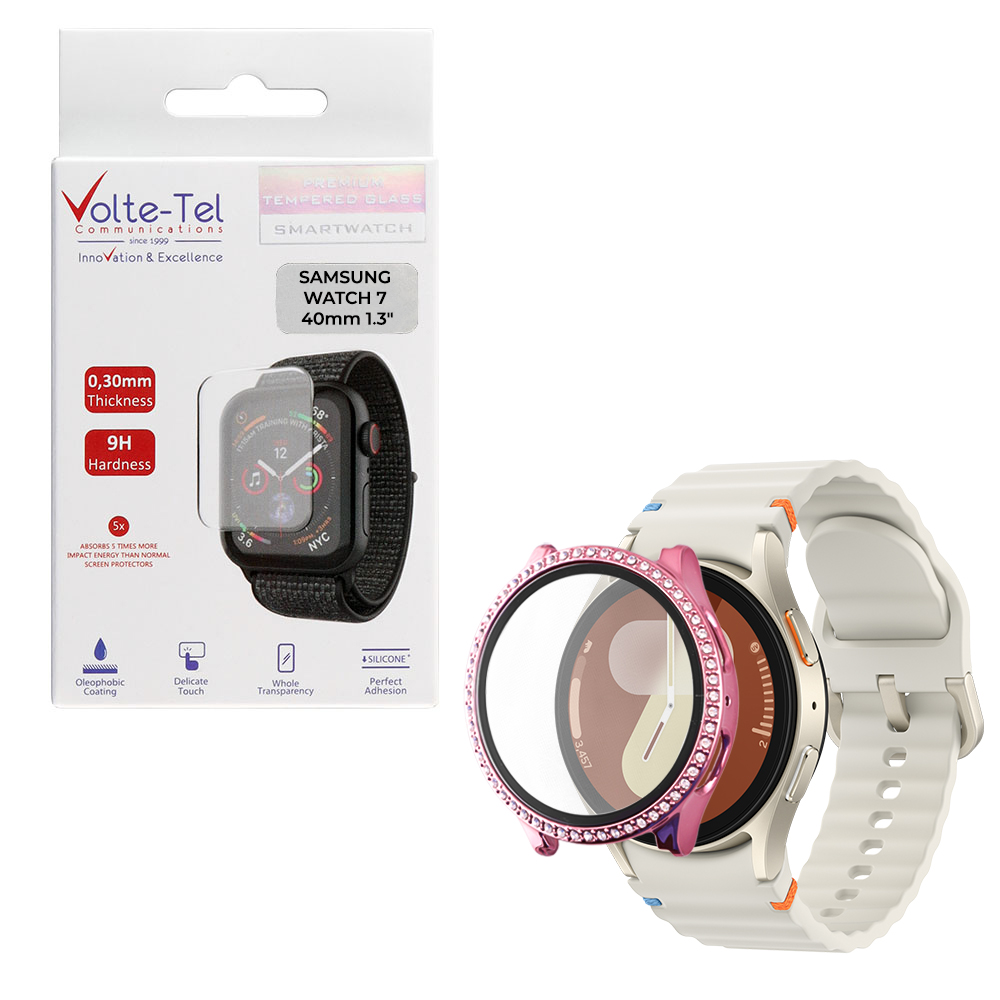 VOLTE-TEL TEMPERED GLASS SAMSUNG WATCH 7 40mm 1.3" 9H 0.30mm PC EDGE COVER WITH STRASS 3D FULL GLUE FULL COVER PINK