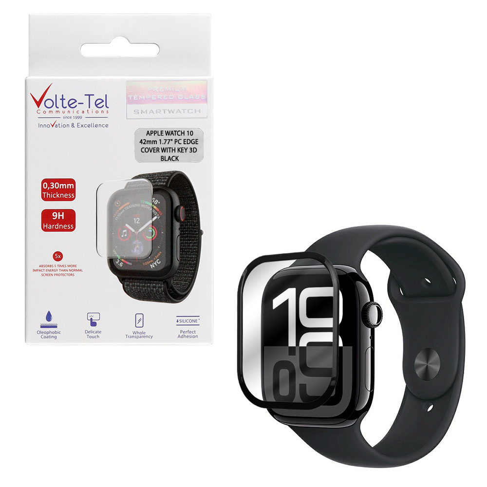 VOLTE-TEL TEMPERED GLASS APPLE WATCH 10 42mm 1.77" 9H 0.30mm PC EDGE COVER WITH KEY 3D FULL GLUE FULL COVER BLACK