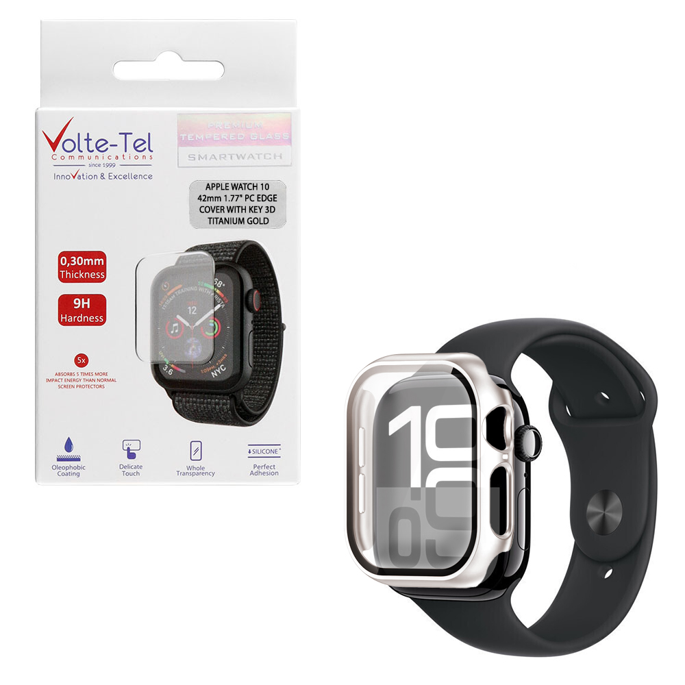 VOLTE-TEL TEMPERED GLASS APPLE WATCH 10 42mm 1.77" 9H 0.30mm PC EDGE COVER WITH KEY 3D FULL GLUE FULL COVER TITANIUM GOLD