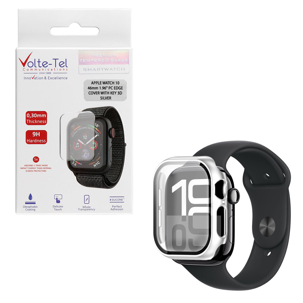 VOLTE-TEL TEMPERED GLASS APPLE WATCH 10 42mm 1.77" 9H 0.30mm PC EDGE COVER WITH KEY 3D FULL GLUE FULL COVER SILVER