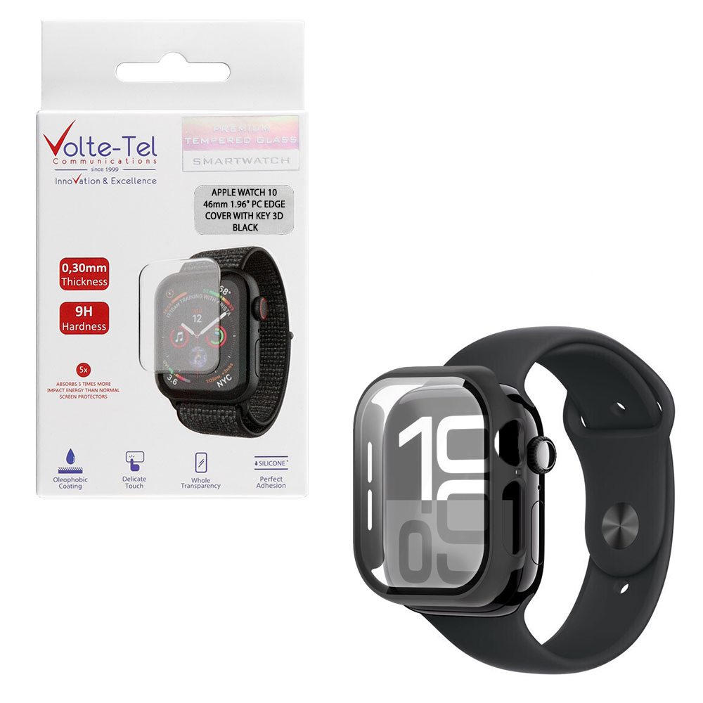 VOLTE-TEL TEMPERED GLASS APPLE WATCH 10 46mm 1.96" 9H 0.30mm PC EDGE COVER WITH KEY 3D FULL GLUE FULL COVER BLACK