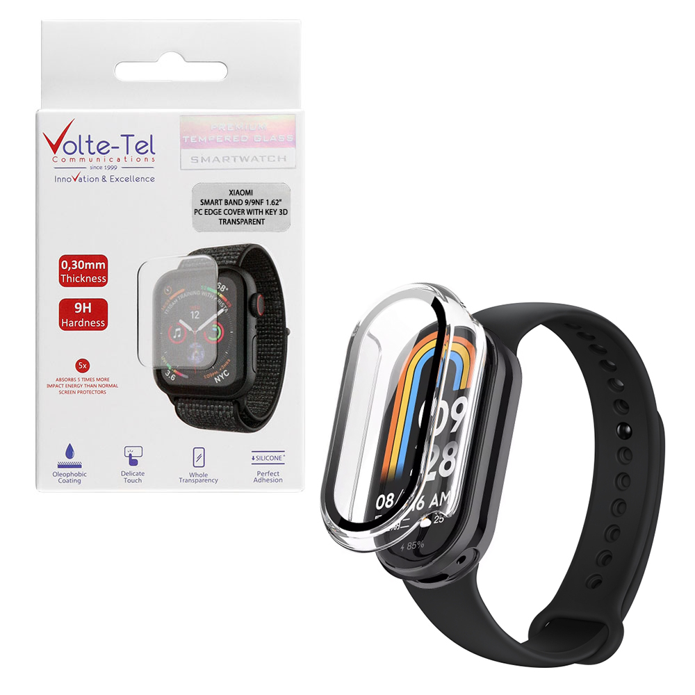 VOLTE-TEL TEMPERED GLASS XIAOMI SMART BAND 9/9NF 1.62" 9H 0.30mm PC EDGE COVER WITH KEY 3D FULL GLUE FULL COVER TRANSPARENT