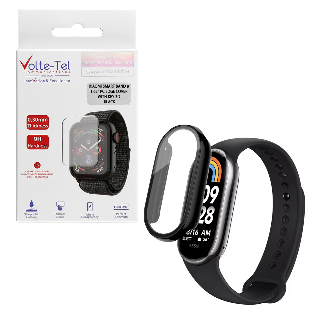 VOLTE-TEL TEMPERED GLASS XIAOMI SMART BAND 8 1.62" 9H 0.30mm PC EDGE COVER WITH KEY 3D FULL GLUE FULL COVER BLACK