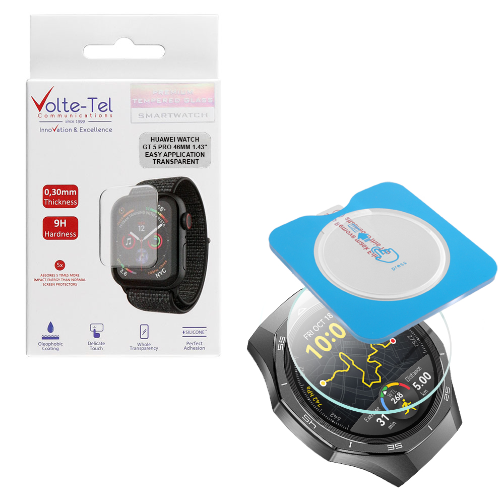 VOLTE-TEL TEMPERED GLASS HUAWEI WATCH GT 5 PRO 46MM 1.43" 9H 0.30mm 2.5D EASY APPLICATION FULL GLUE FULL COVER TRANSPARENT