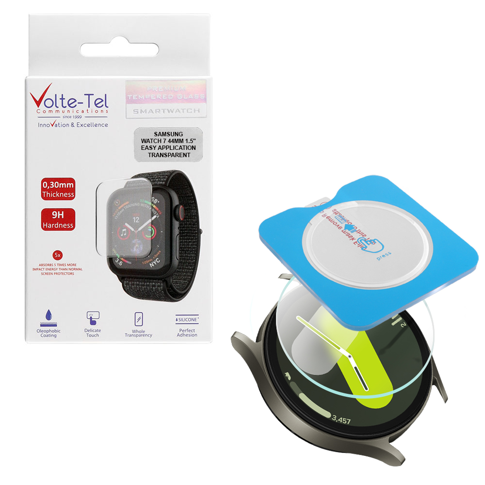 VOLTE-TEL TEMPERED GLASS SAMSUNG WATCH 7 44MM 1.5" 9H 0.30mm 2.5D EASY APPLICATION FULL GLUE FULL COVER TRANSPARENT