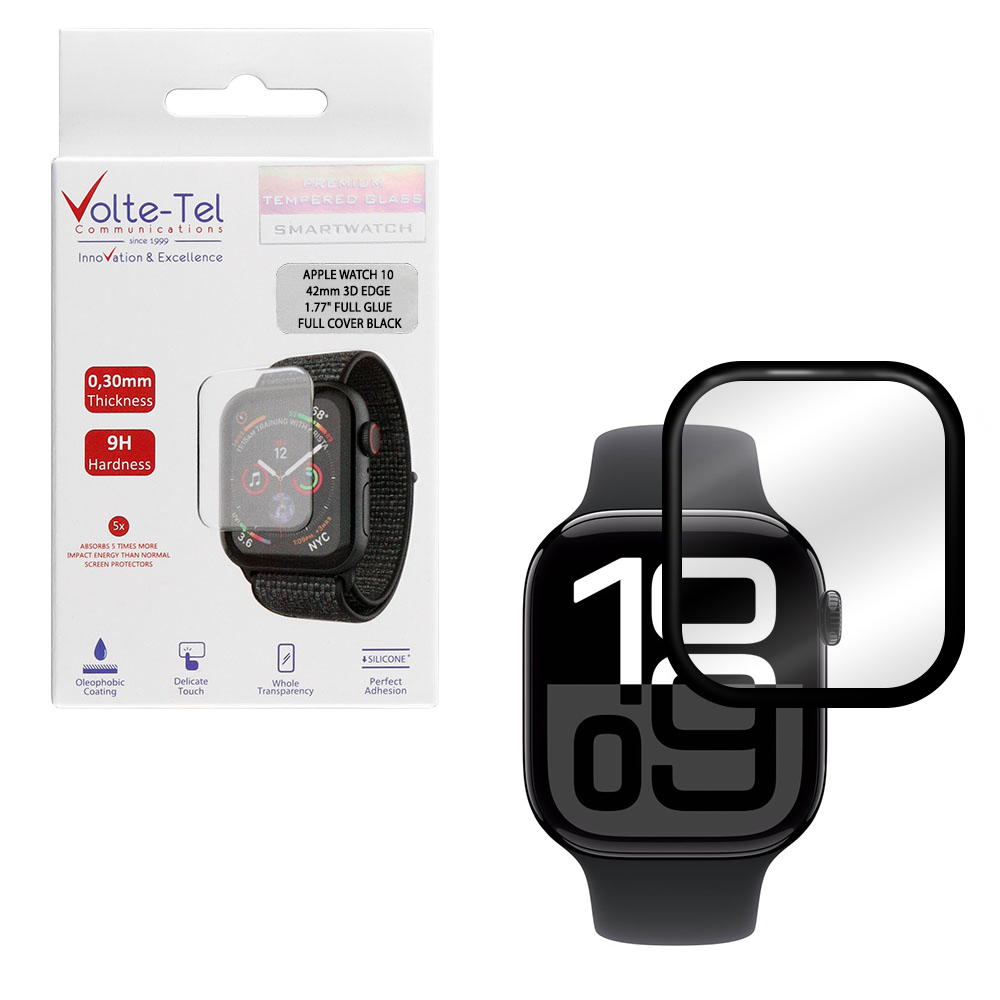 VOLTE-TEL TEMPERED PLEXI GLASS APPLE WATCH 10 42mm 3D EDGE 1.77" 9H 0.30mm FULL GLUE FULL COVER BLACK