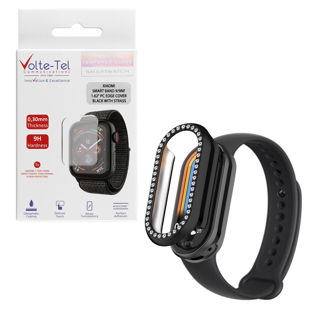 VOLTE-TEL ΘΗΚΗ XIAOMI SMART BAND 9/9NF 1.62" 9H 0.30mm PC EDGE COVER BLACK WITH STRASS