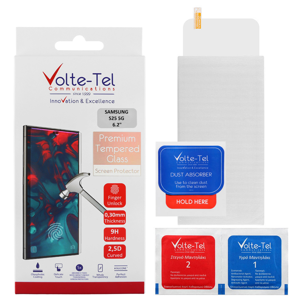 VOLTE-TEL TEMPERED GLASS SAMSUNG S25 5G 6.2" 9H 0.30mm 2.5D FULL GLUE FINGER UNLOCK