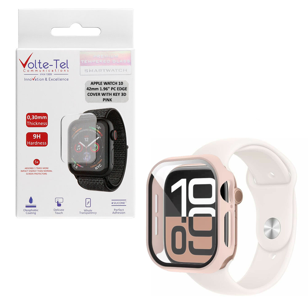 VOLTE-TEL TEMPERED GLASS APPLE WATCH 10 42mm 1.77" 9H 0.30mm PC EDGE COVER WITH KEY 3D FULL GLUE FULL COVER PINK