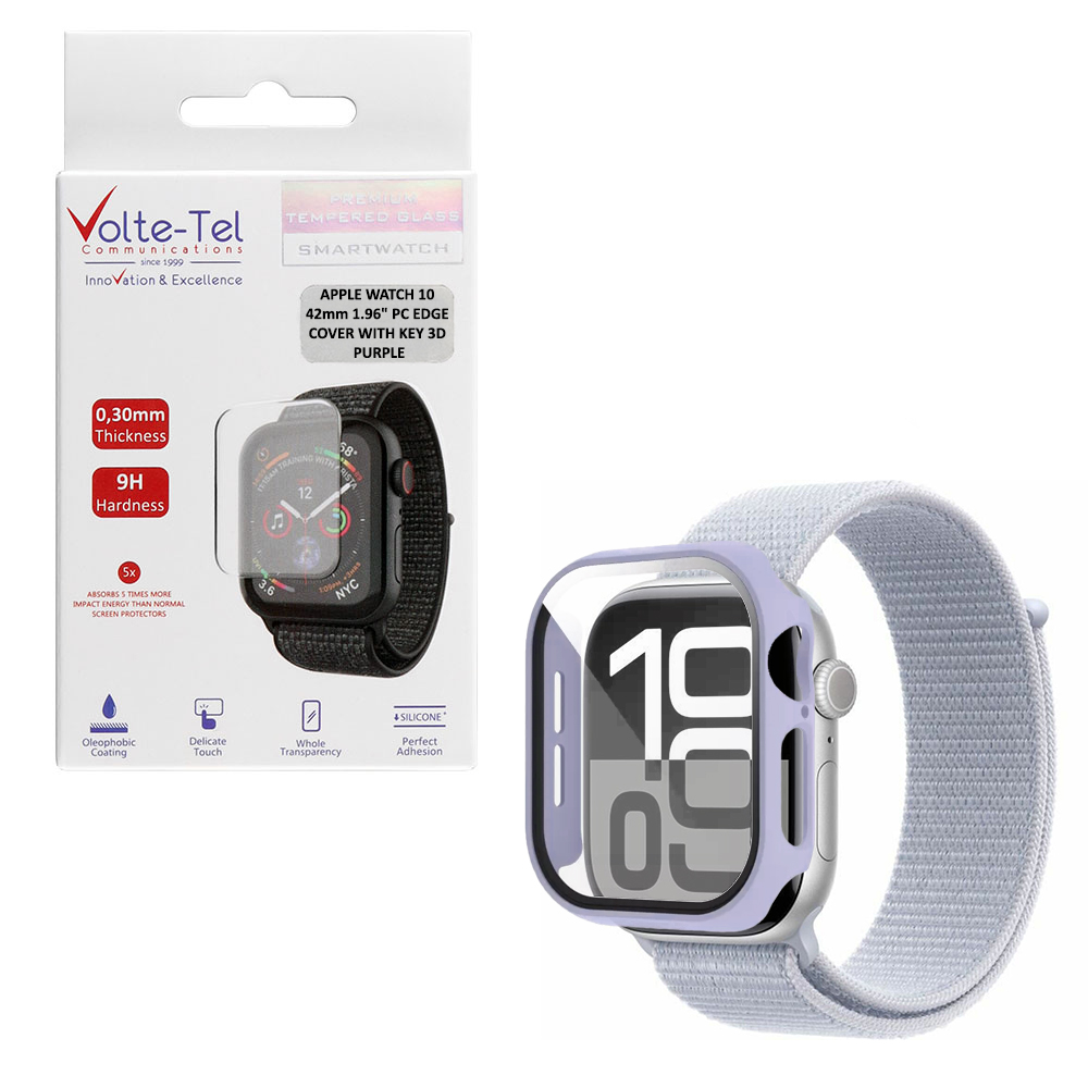 VOLTE-TEL TEMPERED GLASS APPLE WATCH 10 42mm 1.77" 9H 0.30mm PC EDGE COVER WITH KEY 3D FULL GLUE FULL COVER PURPLE