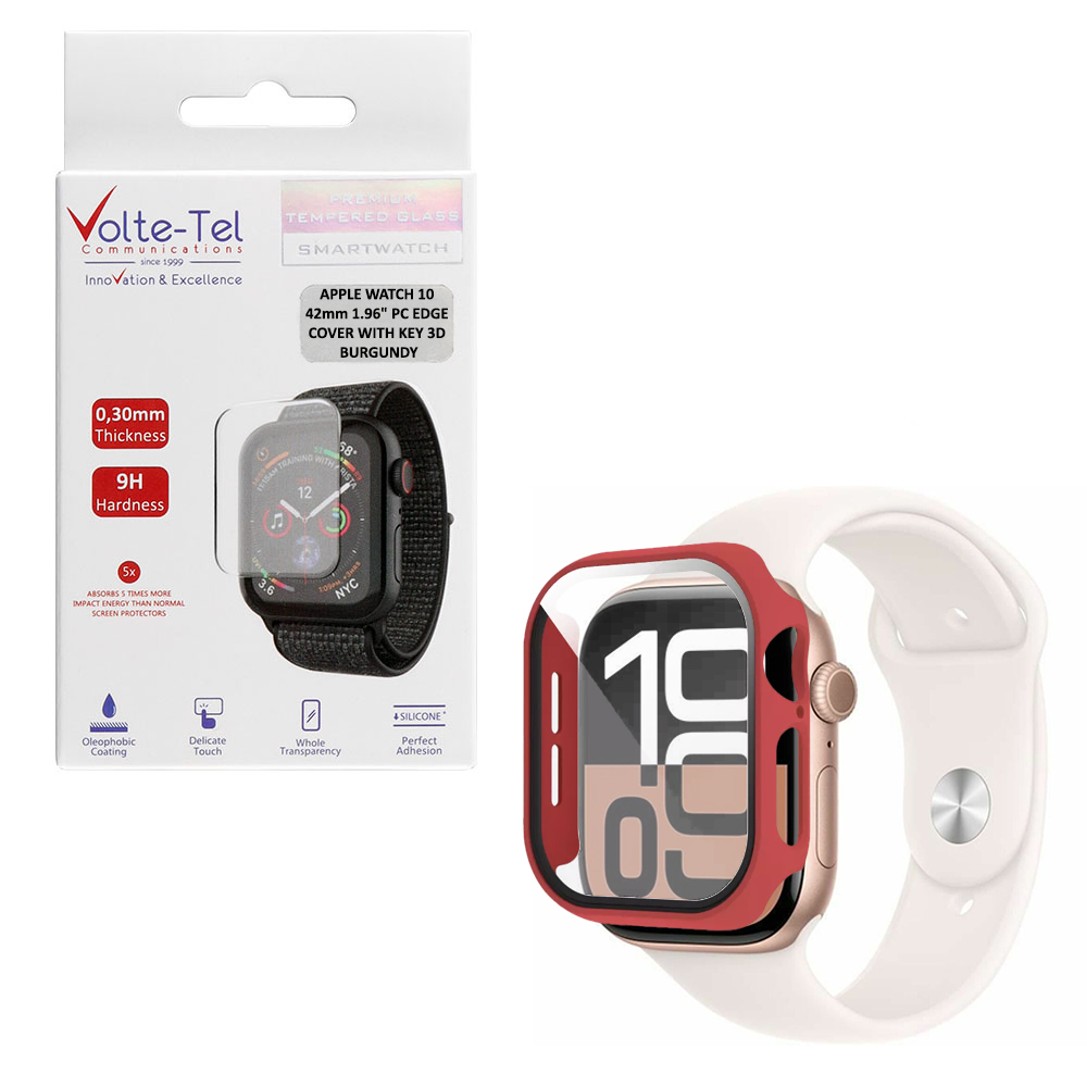 VOLTE-TEL TEMPERED GLASS APPLE WATCH 10 42mm 1.77" 9H 0.30mm PC EDGE COVER WITH KEY 3D FULL GLUE FULL COVER BURGUNDY