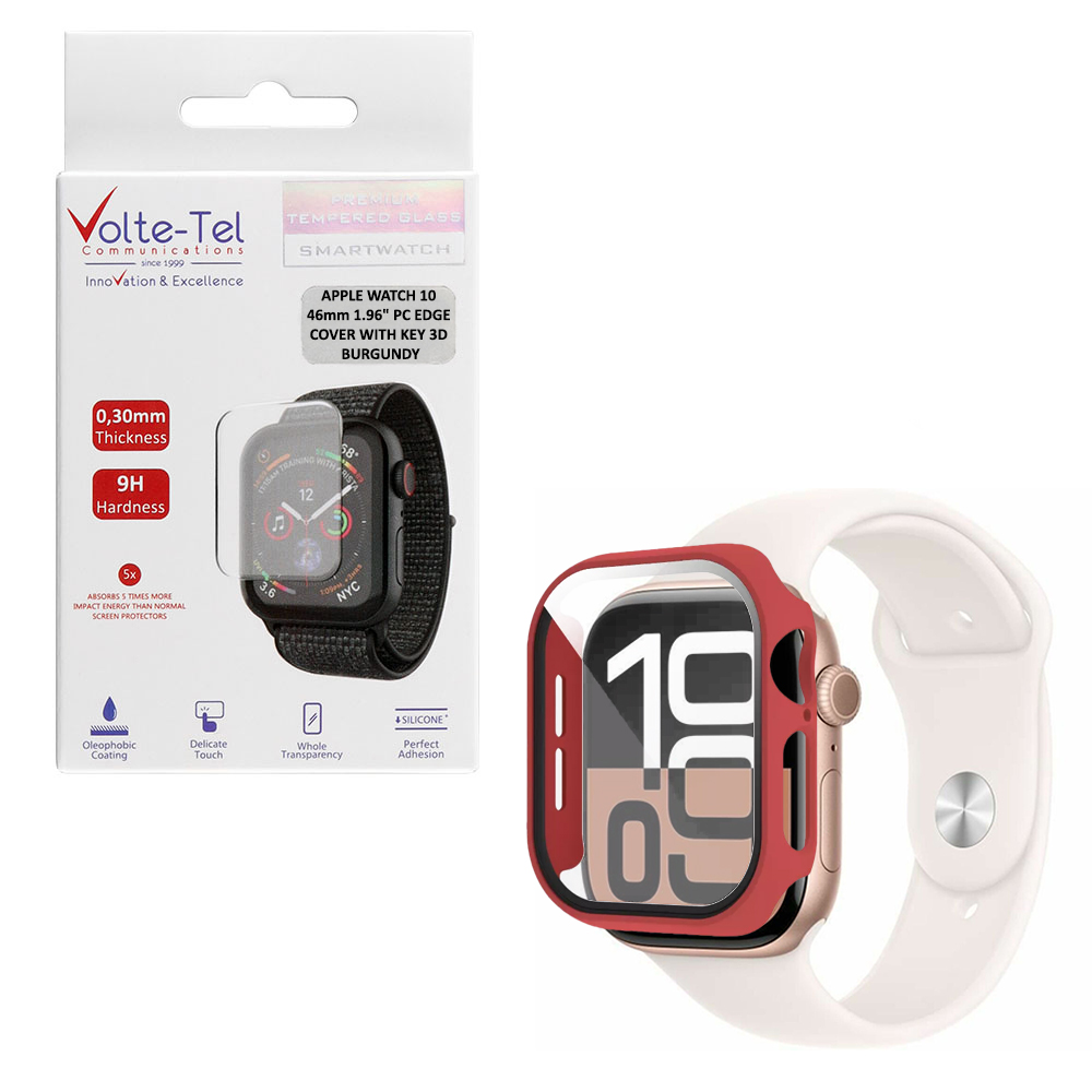 VOLTE-TEL TEMPERED GLASS APPLE WATCH 10 46mm 1.96" 9H 0.30mm PC EDGE COVER WITH KEY 3D FULL GLUE FULL COVER BURGUNDY