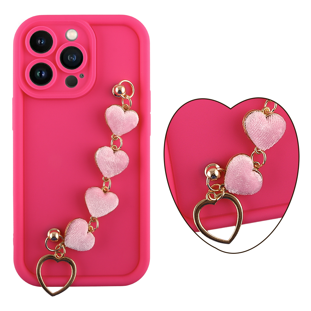 VOLTE-TEL ΘΗΚΗ IPHONE 13 PRO 6.1" SILICON TPU WITH STRAP FULL CAMERA PROTECTION PINK WITH PINK HEARTS