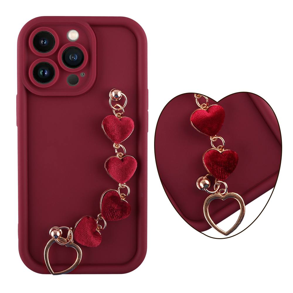 VOLTE-TEL ΘΗΚΗ IPHONE 13 PRO 6.1" SILICON TPU WITH STRAP FULL CAMERA PROTECTION BURGUNDY WITH RED HEARTS