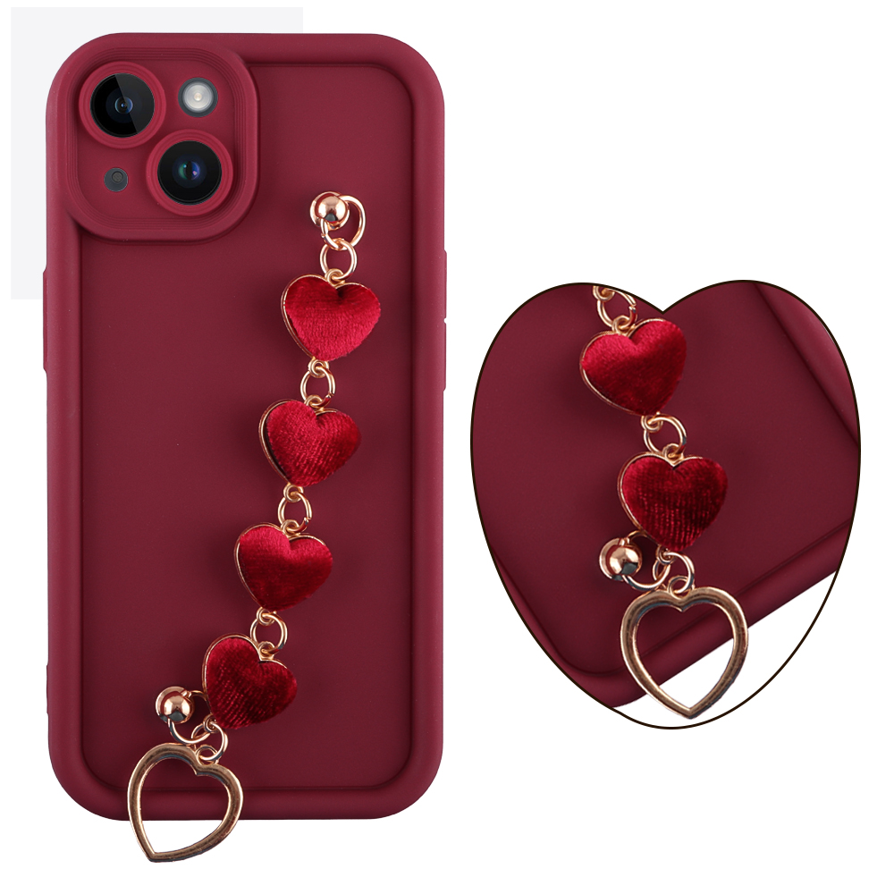 VOLTE-TEL ΘΗΚΗ IPHONE 14 6.1" SILICON TPU WITH STRAP FULL CAMERA PROTECTION BURGUNDY WITH RED HEARTS