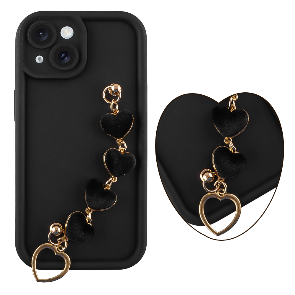 VOLTE-TEL ΘΗΚΗ IPHONE 15 6.1" SILICON TPU WITH STRAP FULL CAMERA PROTECTION BLACK WITH BLACK HEARTS