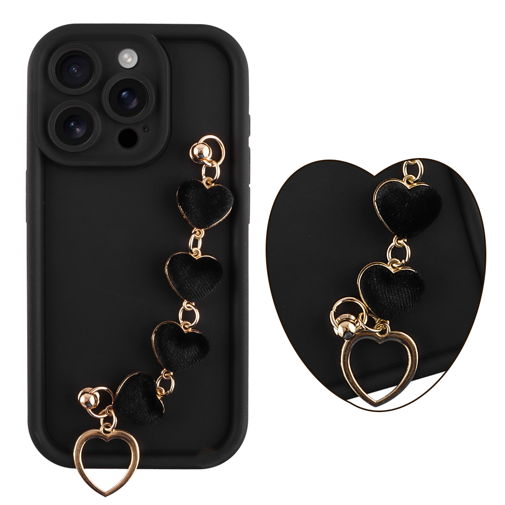 VOLTE-TEL ΘΗΚΗ IPHONE 15 PRO 6.1" SILICON TPU WITH STRAP FULL CAMERA PROTECTION BLACK WITH BLACK HEARTS