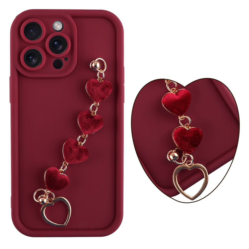 VOLTE-TEL ΘΗΚΗ IPHONE 15 PRO 6.1" SILICON TPU WITH STRAP FULL CAMERA PROTECTION BURGUNDY WITH RED HEARTS