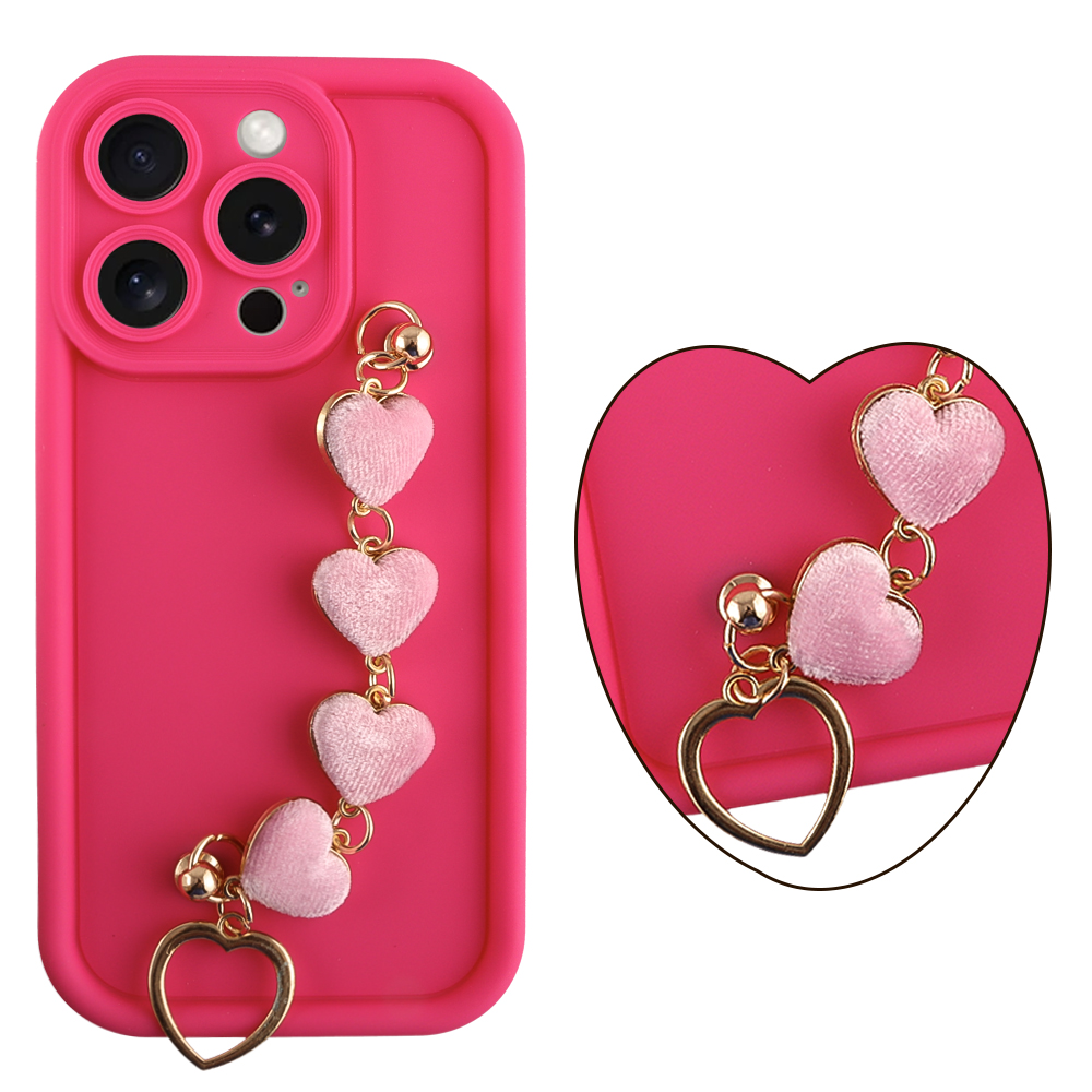 VOLTE-TEL ΘΗΚΗ IPHONE 15 PRO 6.1" SILICON TPU WITH STRAP FULL CAMERA PROTECTION PINK WITH PINK HEARTS