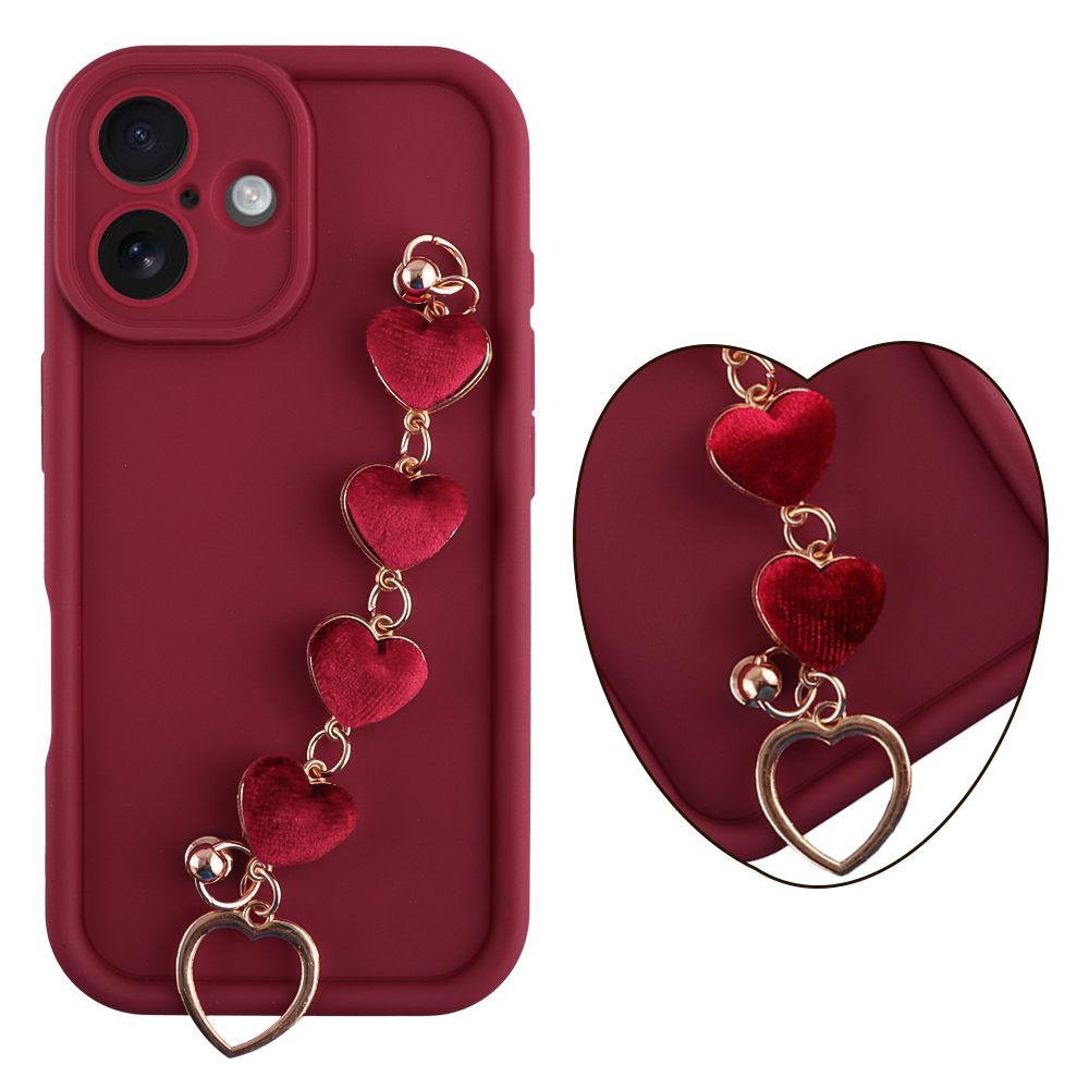 VOLTE-TEL ΘΗΚΗ IPHONE 16 6.1" SILICON TPU WITH STRAP FULL CAMERA PROTECTION BURGUNDY WITH RED HEARTS