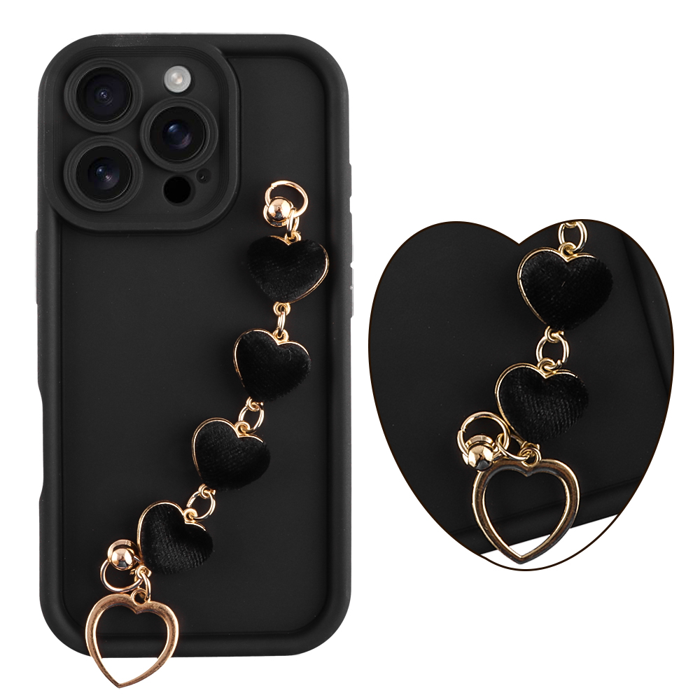 VOLTE-TEL ΘΗΚΗ IPHONE 16 PRO 6.3" SILICON TPU WITH STRAP FULL CAMERA PROTECTION BLACK WITH BLACK HEARTS