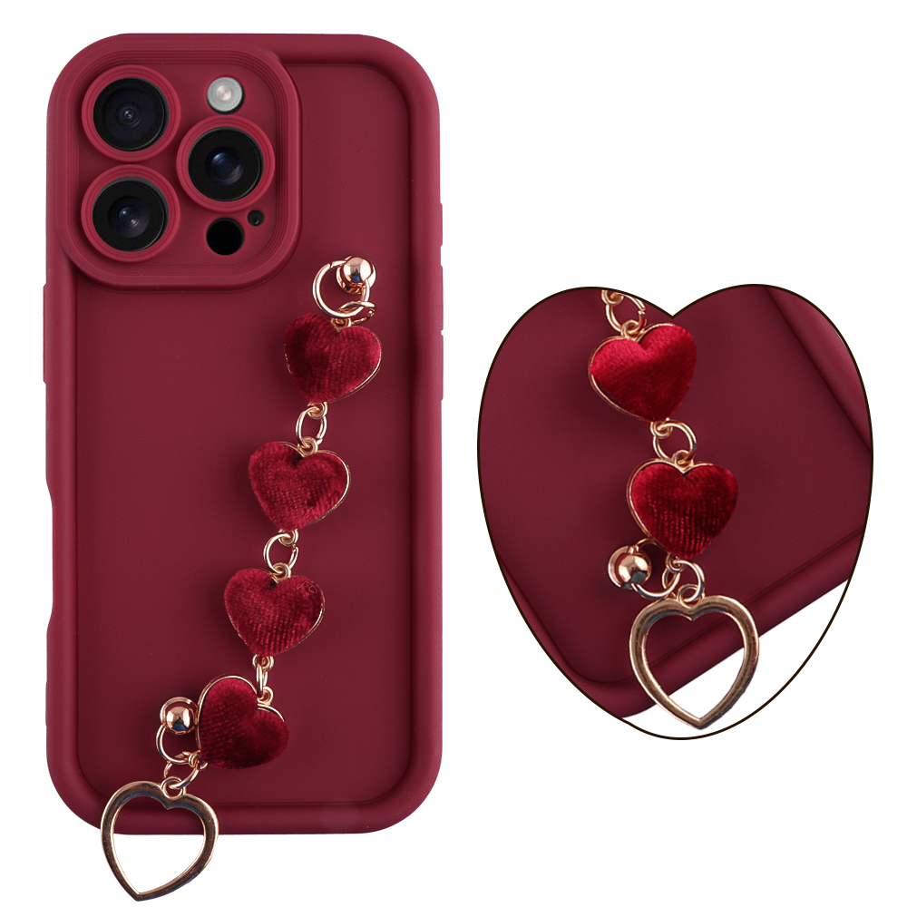 VOLTE-TEL ΘΗΚΗ IPHONE 16 PRO 6.3" SILICON TPU WITH STRAP FULL CAMERA PROTECTION BURGUNDY WITH RED HEARTS