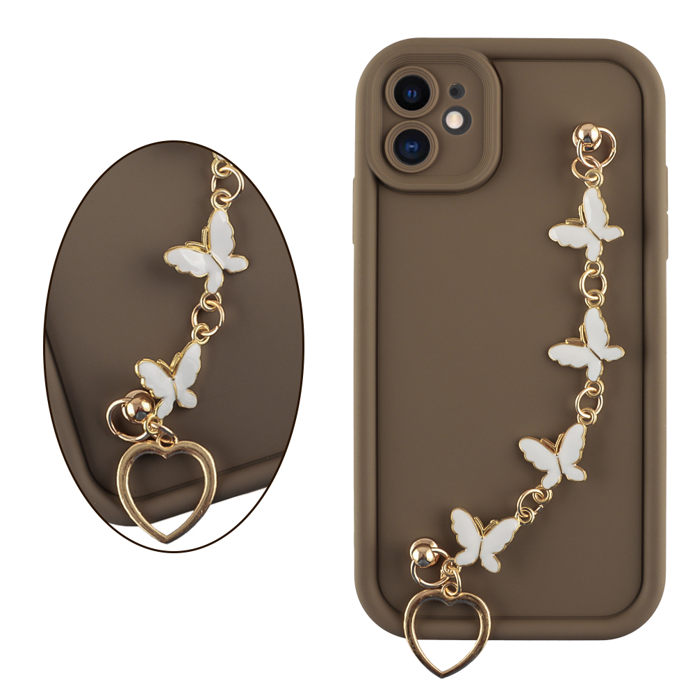 VOLTE-TEL ΘΗΚΗ IPHONE 11 6.1" SILICON TPU WITH STRAP FULL CAMERA PROTECTION BROWN WITH WHITE BUTTERFLIES