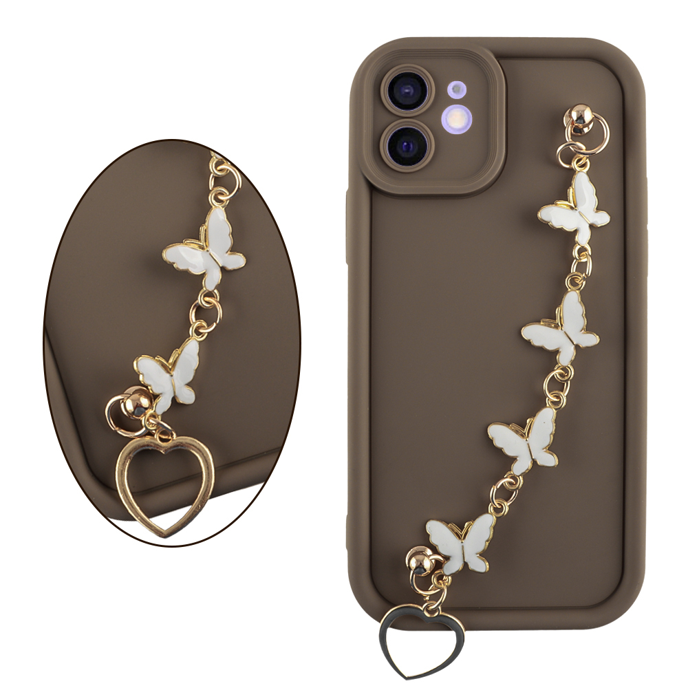 VOLTE-TEL ΘΗΚΗ IPHONE 12 6.1" SILICON TPU WITH STRAP FULL CAMERA PROTECTION BROWN WITH WHITE BUTTERFLIES