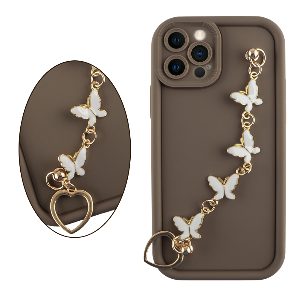 VOLTE-TEL ΘΗΚΗ IPHONE 12 PRO 6.1" SILICON TPU WITH STRAP FULL CAMERA PROTECTION BROWN WITH WHITE BUTTERFLIES