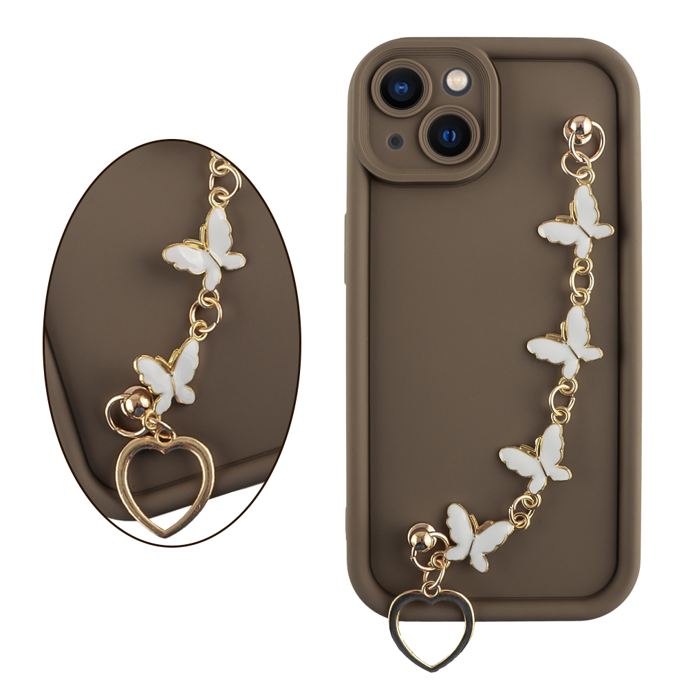 VOLTE-TEL ΘΗΚΗ IPHONE 13 6.1" SILICON TPU WITH STRAP FULL CAMERA PROTECTION BROWN WITH WHITE BUTTERFLIES