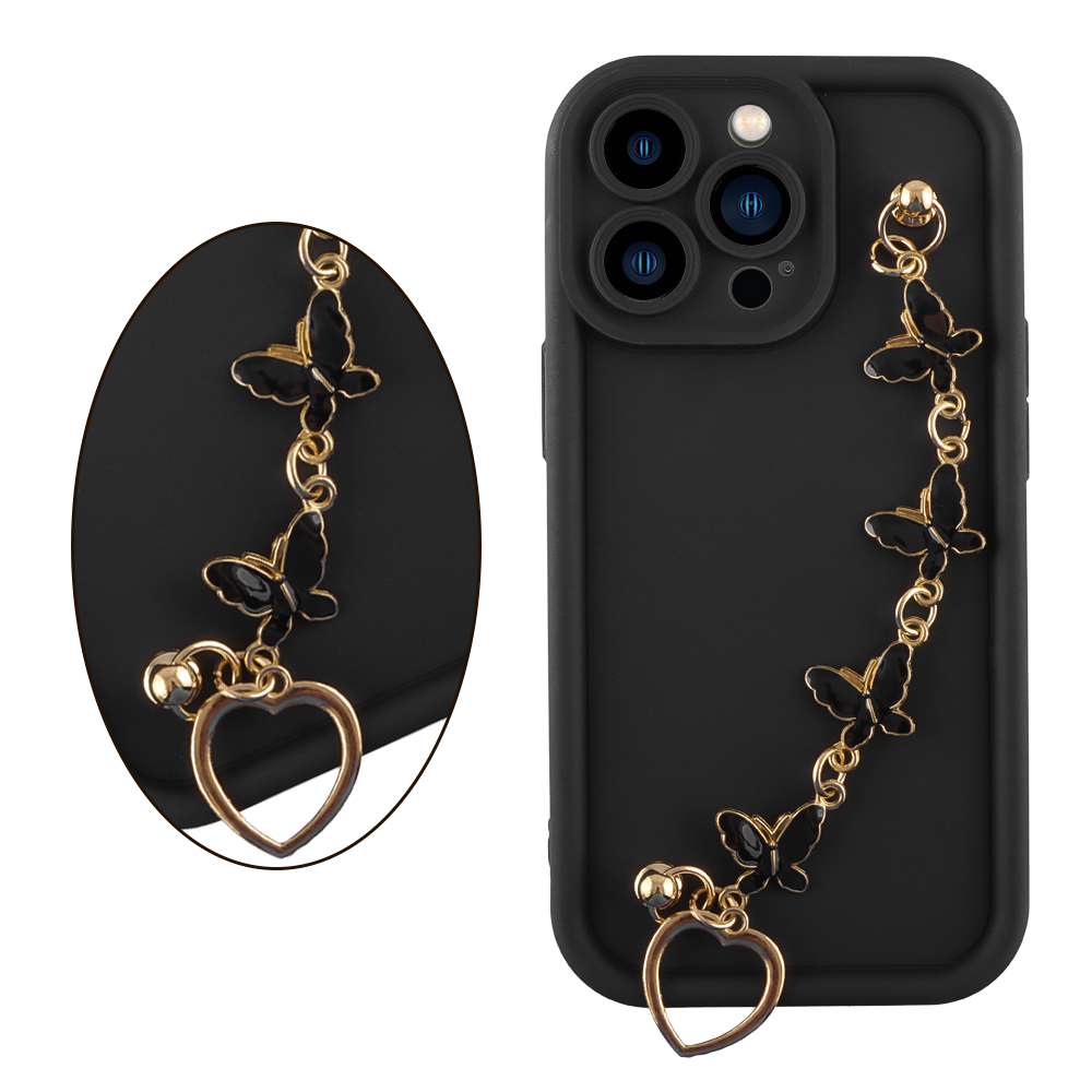 VOLTE-TEL ΘΗΚΗ IPHONE 13 PRO 6.1" SILICON TPU WITH STRAP FULL CAMERA PROTECTION BLACK WITH BLACK BUTTERFLIES