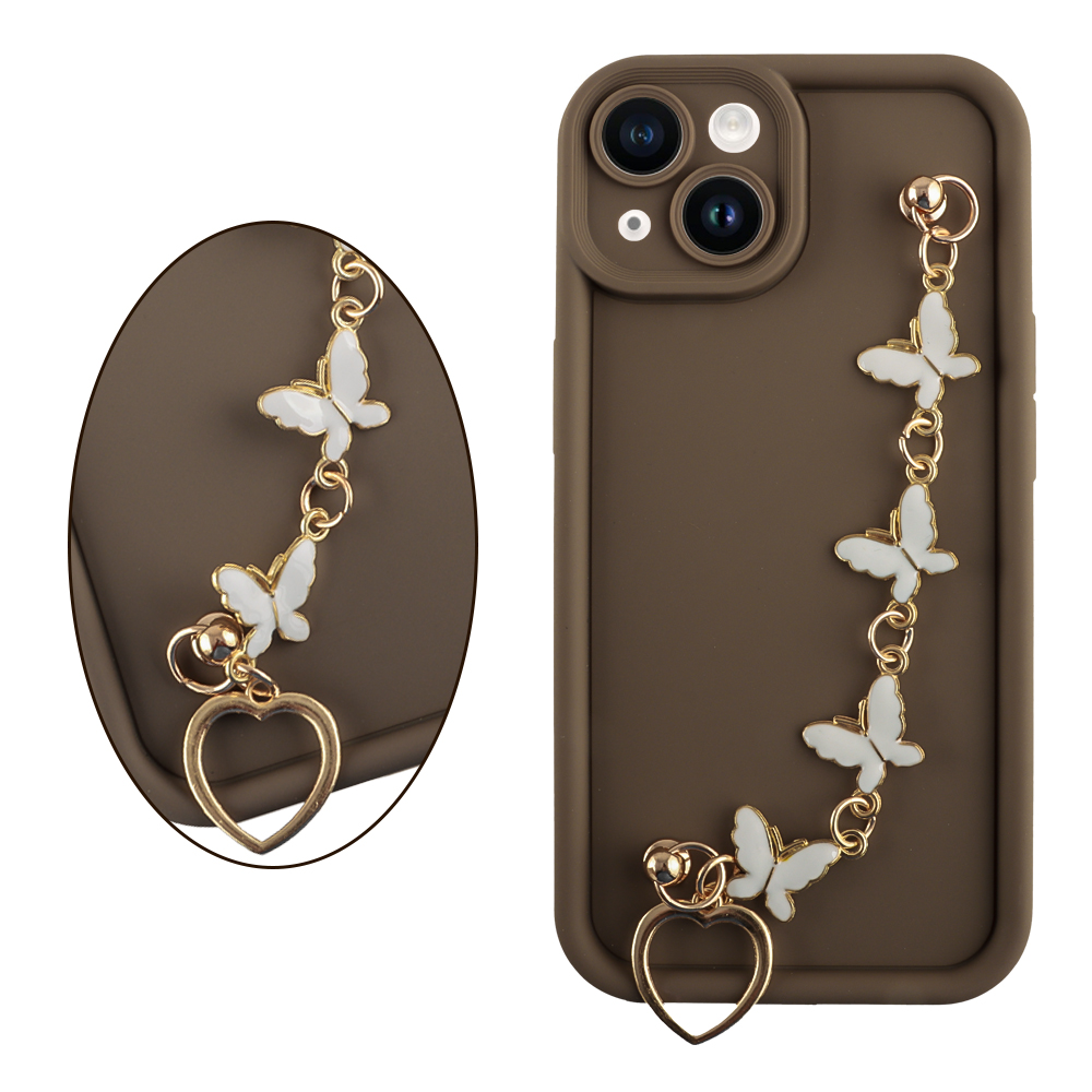 VOLTE-TEL ΘΗΚΗ IPHONE 14 6.1" SILICON TPU WITH STRAP FULL CAMERA PROTECTION BROWN WITH WHITE BUTTERFLIES