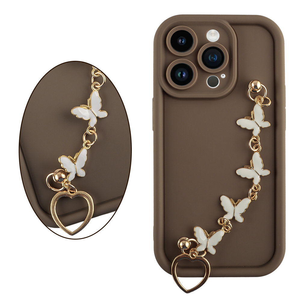 VOLTE-TEL ΘΗΚΗ IPHONE 14 PRO 6.1" SILICON TPU WITH STRAP FULL CAMERA PROTECTION BROWN WITH WHITE BUTTERFLIES