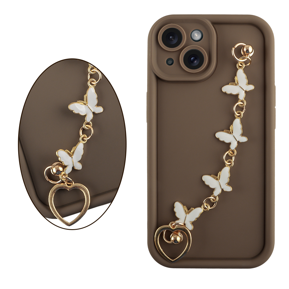 VOLTE-TEL ΘΗΚΗ IPHONE 15 6.1" SILICON TPU WITH STRAP FULL CAMERA PROTECTION BROWN WITH WHITE BUTTERFLIES