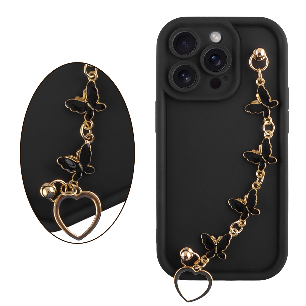 VOLTE-TEL ΘΗΚΗ IPHONE 15 PRO 6.1" SILICON TPU WITH STRAP FULL CAMERA PROTECTION BLACK WITH BLACK BUTTERFLIES